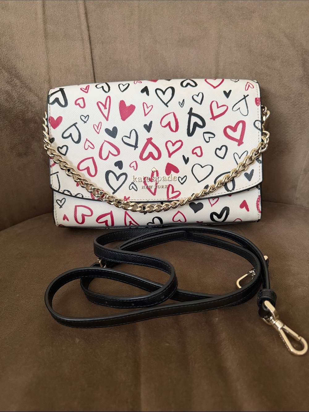 kate spade White Heart Print Crossbody with Gold Chain & Black Strap